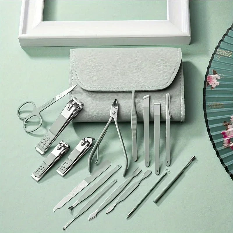 16pcs Professional Manicure & Pedicure Set – Nail Clippers, Cuticle Nippers & Grooming Tools with Travel Case (Random color)