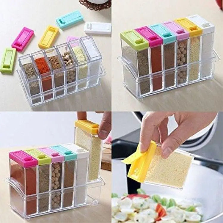 Spice Jars Dispenser Masala Rack Easy Flow Storage Crystal Seasoning Box Multicolor Set of 6