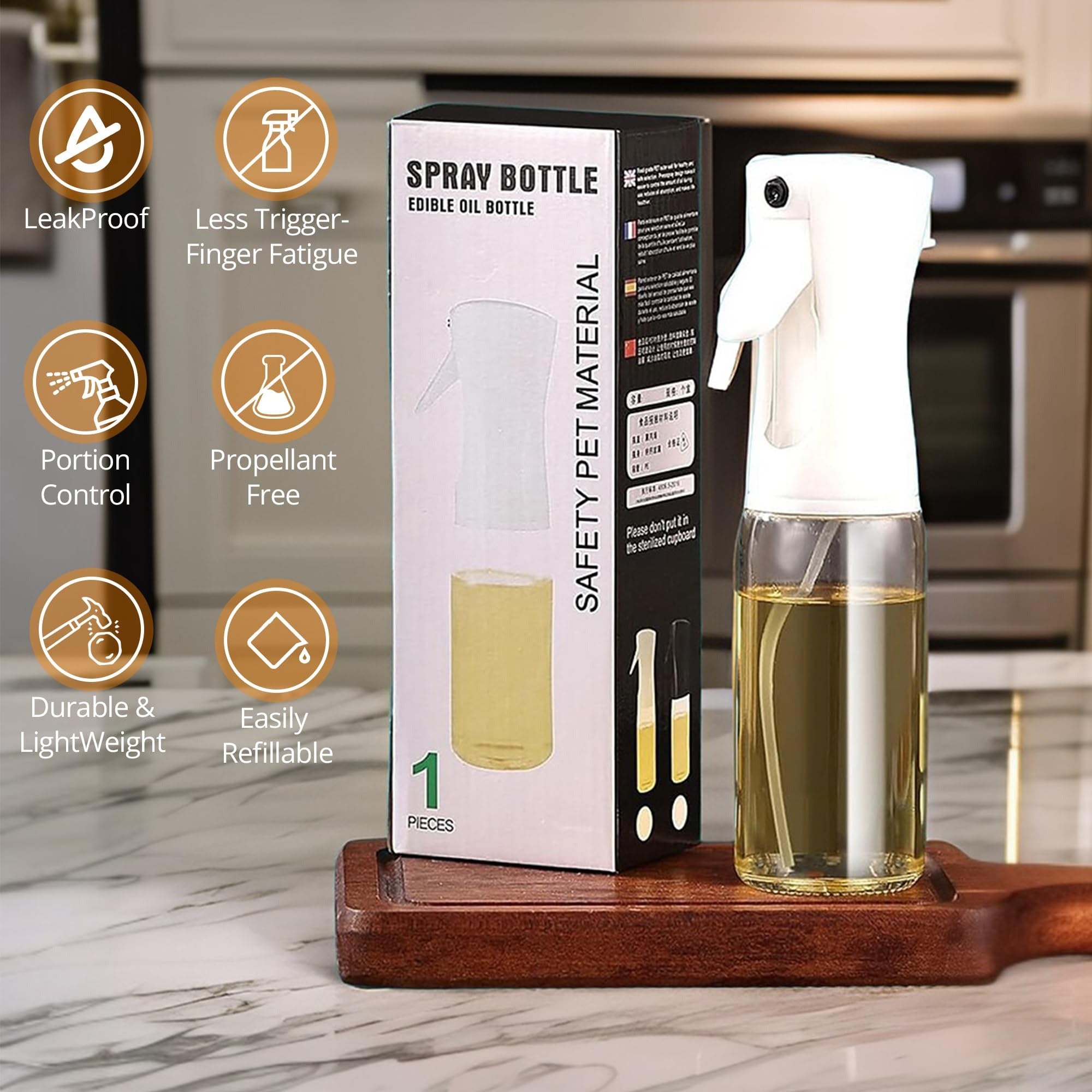 Edible Oil Spray Bottle | 220ml Glass Bottle | Refillable | For Air Fryer, Baking & Grilling