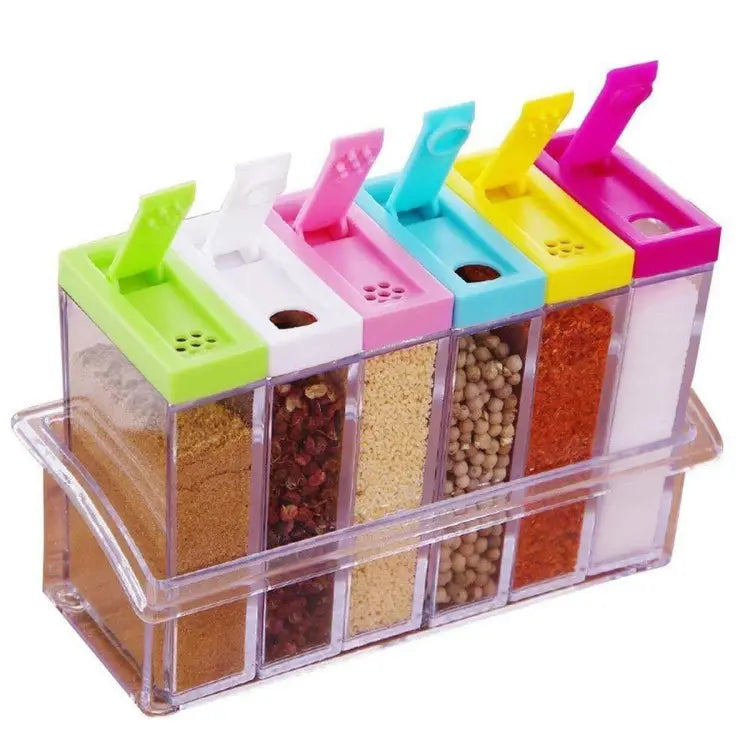 Spice Jars Dispenser Masala Rack Easy Flow Storage Crystal Seasoning Box Multicolor Set of 6